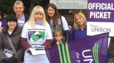 Head and shoulders photo of Dave Prentis and striking Derby teaching assistants