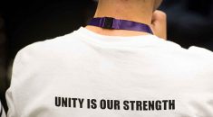 Delegate's t shirt with slogan: unity is our strength