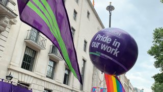 A UNISON Pride in our Work balloon and flags