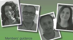 Detail of Settled Status guidance for members cover featuring four black and white mugshots on green and purple background