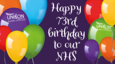 Graphic image with balloons and Happy 73rd birthday to our NHS text
