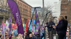 Christina McAnea speaking at a rally at Belfast City Hall on the third day of UNISON strikes in the NHS in Northern Ireland