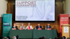 Launch event of the Fabian report 'Support Guarenteed' showing a top table with 5 speakers. Ben Cooper, Christina McAnea, Dr Anna Dixon, West Streeting MP and Andrew Harrop. Seated in front of Fabians graphics.