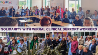 Solidarity with Wirral clinical support workers. Pay Fair for Patient Care. UNISON members hold flags at a meeting.