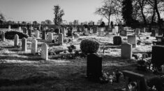 Black and white image of a cemetery