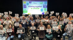 Delegates to UNISON's HE conference holding messages calling for no job cuts, save jobs and fund higher education