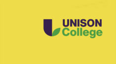 UNISON College logo in purple and green on a yellow background