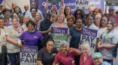 Christina McAnea with healthcare assistant members at Greenwich and Lewisham Hospitals celebrating a re-banding win