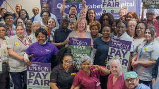 Christina McAnea with healthcare assistant members at Greenwich and Lewisham Hospitals celebrating a re-banding win