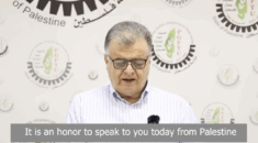 Shaher Saed, the general secretary of the Palestinian General Federation of Trade Unions, in a video message to NDC 2025