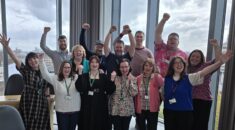 Dorset NHS staff, UNISON staff, and General secretary, Christina McAnea stood celebrating sub-co win at Unison Centre.