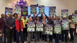 UNISON Greater London Region regional secretary Sara Gorton and UNISON general secretary Christina McAnea at Charing Cross hospital with Imperial College Healthcare branch chair Carlene Brown and healthcare assistants from the campaign