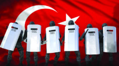 Turkey police squad protecting government against riot - protest fighting concept, military 3D Illustration on flag background