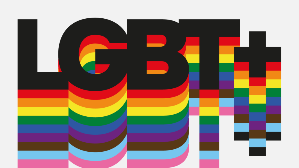 Graphic image with the word LGBT+ in black and bands of different colours, the LGBT+ colours underneath