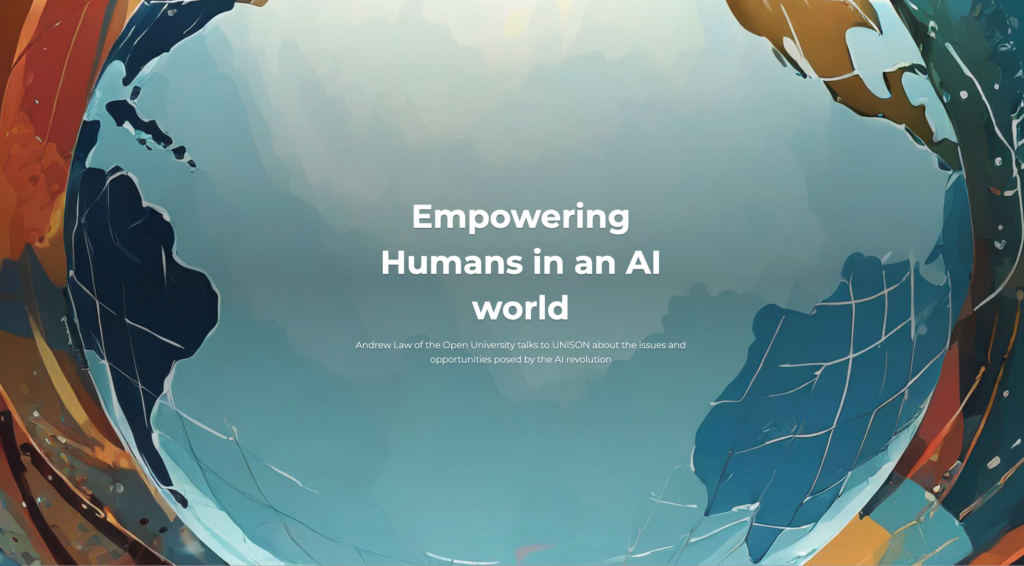 AI generated illustration of the earth - blue and orange shades. The image is reflected in water in the foreground - it reads 'Empowering Human in an AI world'
