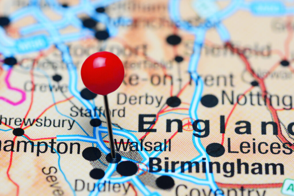 Walsall pinned on a map of UK