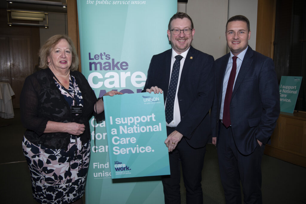 Christina McAnea, Andrew Gwynne MP and Wes Streeting MP at the parliamentary launch of UNISON's make care work pledge campaign