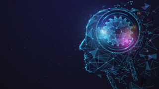 AI, Artificial intelligence. Ai digital brain. Robotics concept. Human face made from polygon.