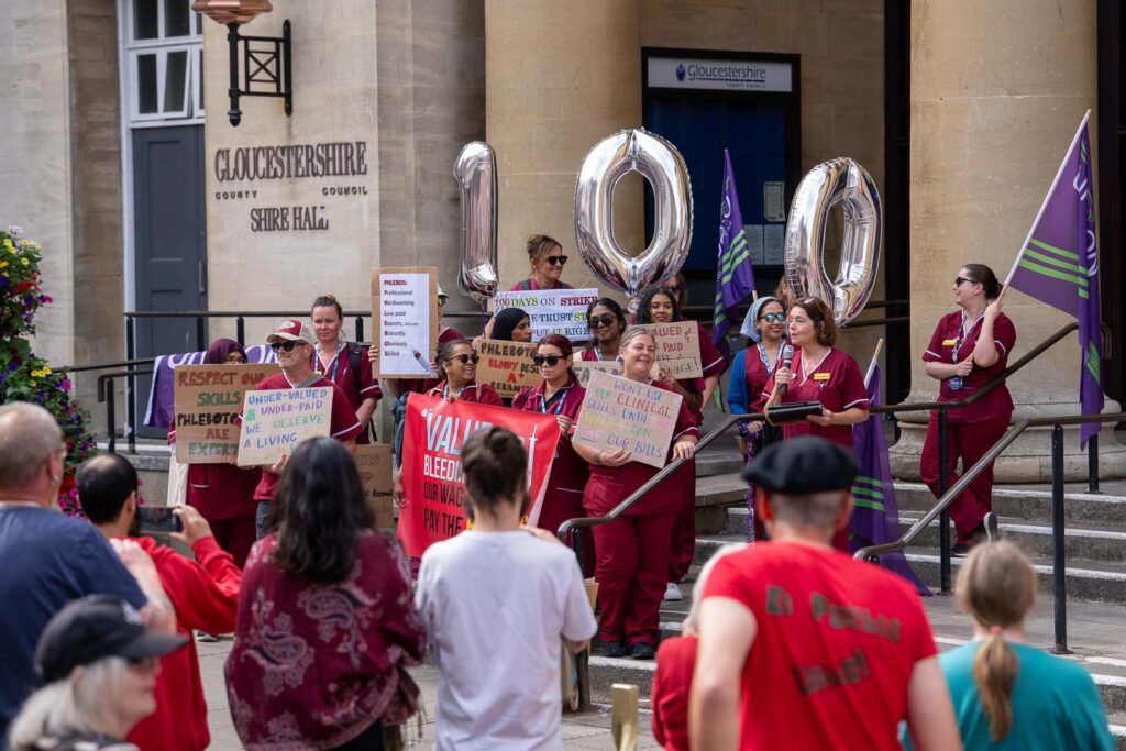 Phlebotomists mark 100 days on strike in Gloucester