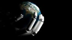 Graphic image of a robotic hand holding the planet Earth in its fingers