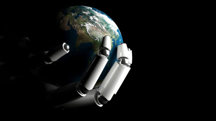 Graphic image of a robotic hand holding the planet Earth in its fingers